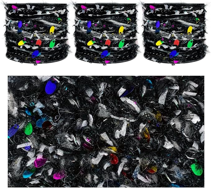 Artisanal Yarn Collection Multifiber Fancy Yarn with Sequins & Iridescent Shimmering Threads for Knitting Crocheting Crafts DIY, Set of 3 Rolls (Black with Rainbow Sequins)