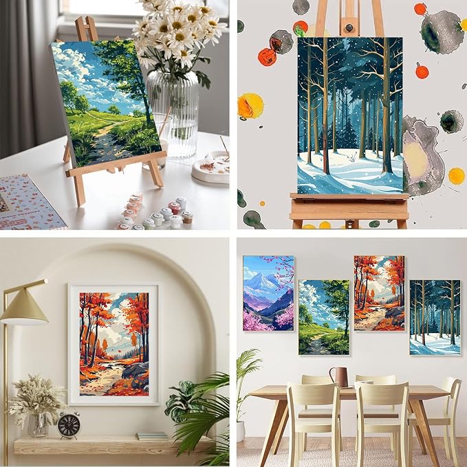 4 Pack Framed Paint by Numbers Kit for Adults Beginners, Four Season 8x12in | Adult Paint by Number Kits on Canvas with Wooden Easel, Landscape DIY Acrylic Oil Painting by Numbers for Gift Home Decor