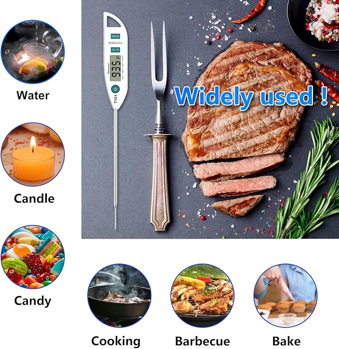 BOMATA Digital Water Thermometer for Liquid, Meat, Cooking, IPX7 Waterproof | Instant Read Food Thermometer, 5in Long Probe for Candle, Water, Meat, BBQ! T101 (White Color)…