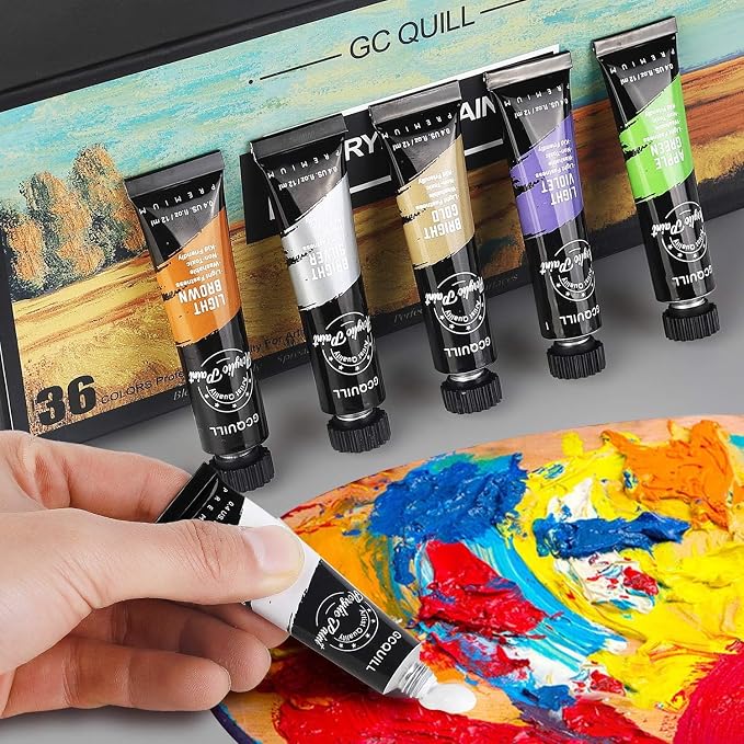 54pcs Art Acrylic Paint Set - Painting Supplies with 36 * 12ml Tubes, Paint Brushes, Palette Knives, Canvas, Easel, Sponge, Palette for Artist Painting on Wood, Ceramics, Fabric, Crafts