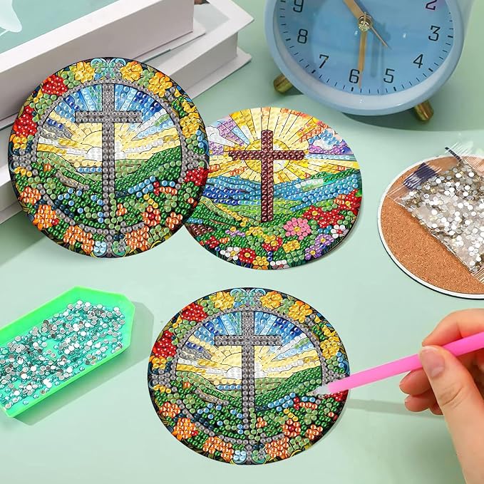 mrpwnle 8 Pack Diamond Art Coasters Kits - Cross Diamond Painting Coasters
