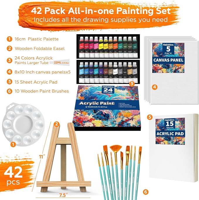 Acrylic Paint Set, Art Painting Supplies Kit with 24 Colors Acrylic Paints (22ML),Wooden Table Easel,Canvas,Painting Pads,10 Paint Brushes & Etc for Students, Artists and Beginner