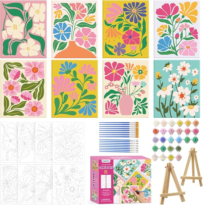 Goldentime 8 Pack Paint by Numbers Kit for Adults and Kids Beginners | 8x10 Inch Flower Canvas Painting Kit with 16 Brushes, 26 Acrylic Paints & Wooden Supports | Predrawn Canvas for Home Decor Gifts