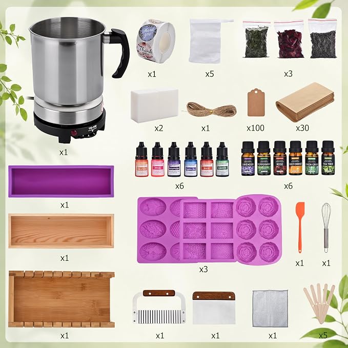 Soap Making Kit All-in-One Deluxe DIY Soap Making Supplies for Adults | Removable Melter Pot, Goat Milk Soap Base, Dyes, Essential Oil & Fragrances, 3 Silicone Molds, Cutters, Silicone Loaf Molds