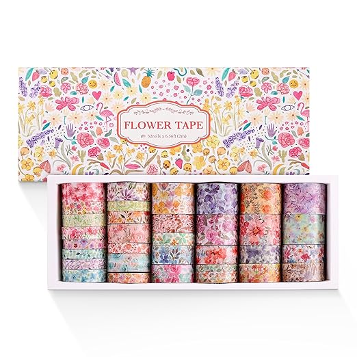 PAGEMORE 32 Rolls Washi Tape Set, Colored Floral Decorative Masking Tape, Artists Tapes for Junk Journal, Journaling, DIY Craft Projects, Scrapbooking Supplies Decor