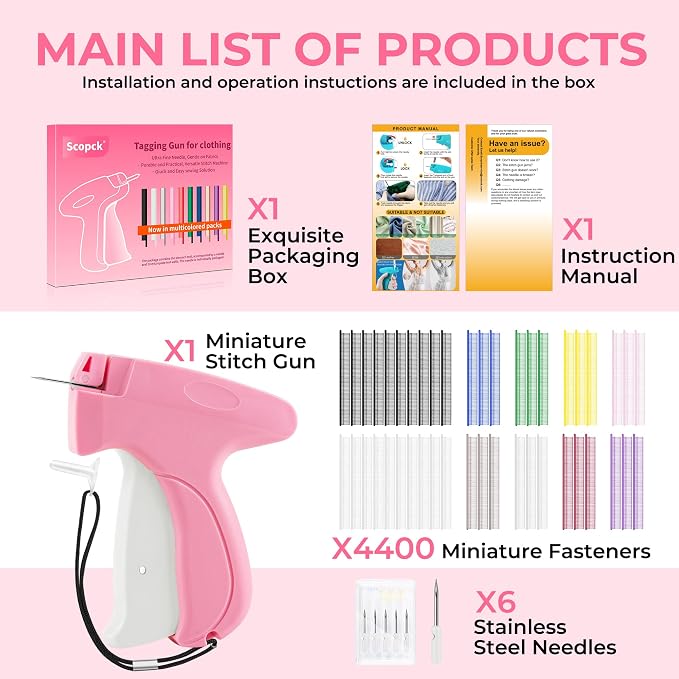 Stitch Gun for Clothes - Handheld Stitch Gun Quick Clothing Fixer - Tagging Gun - Includes 6 Needle, 1000 Black Fasteners & 1002 White Fasteners