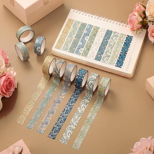 12 Rolls Floral Washi Tape Set,Earthy Tones,William Morris | Watercolor Flowers Design for Scrapbook Journal DIY Craft School Supplies, 15 mm Vintage Decorative Masking Washi Tapes