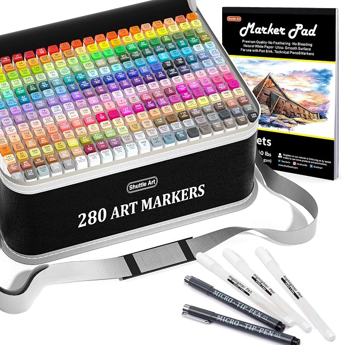 Shuttle Art 280 Colors Dual Tip Alcohol Based Art Markers, 279 Colors Permanent Marker Plus Colorless Blender, Micro-tip Pens, White Highlighter Pens, Marker Bag with Holders for Kids Adult Coloring