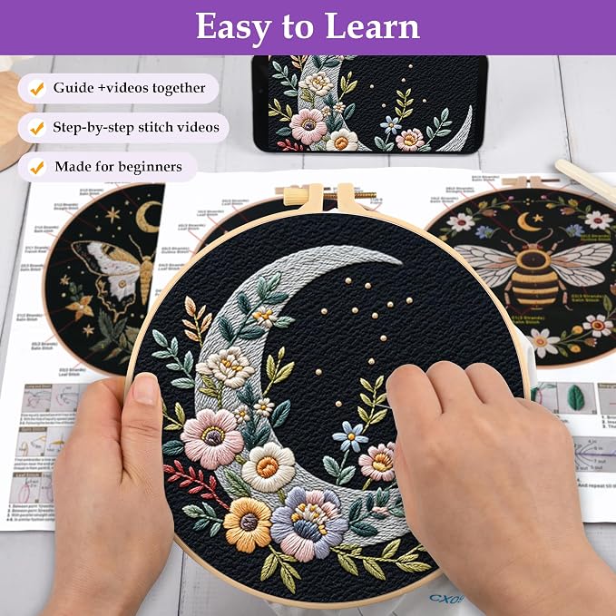 Uniartfy 3 Sets Butterfly Bee Moon Embroidery Kits for Beginners, DIY Cross Stitch Starter Craft Kit for Adults, Needlepoint Kits Including Cloth with Flower Plant Pattern, Hoop, Tools, Instructions