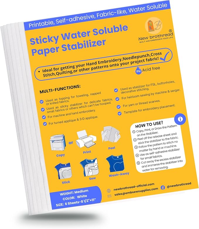 New brothread 6PCS 8.5"x11" Sticky Water Soluble Embroidery Stabilizer | Printable Paper Stabilizer, Medium Weight, Allowed for Print or Draw Patterns, Best for Hand & Machine Embroidery