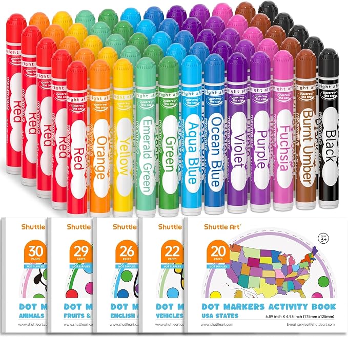 Shuttle Art Dot Markers, 60 Pack 12 Colors Washable Dot Markers with 135 Activity Sheets, 5 Activity Books, Fun Art Supplies for Kids Toddlers and Preschoolers, Non Toxic Water-Based Paint Daubers