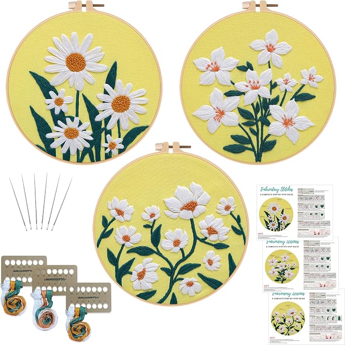 Louise Maelys 3 Pack Floral Embroidery Kit for Beginners with Supplies | Pre-printed Patterns|Hoop| Threads|Instructions|Ideal Cross Stitch Kits for Adults|DIY Needlepoint Kit for Starter Supplies