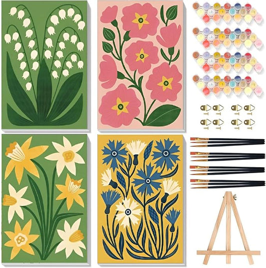 4 Pack Flower Paint by Numbers for Adults with Framed Canvas - Wooden Easel | Easy Flower Paint by Number for Beginners, Flowers Acrylic Oil Painting on Canvas with Brushes for Home Wall Decor 8x12 inch