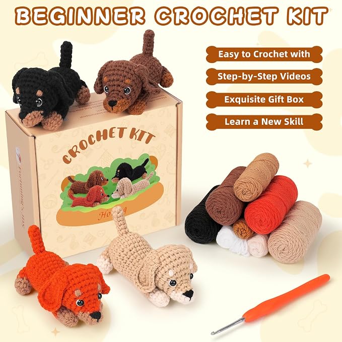 Crochet Kit for Beginners Adults, 4 PCS Dachshund Puppy Crochet Kits