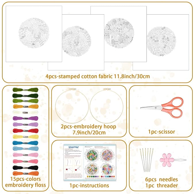 BEUNITONE 4 Set Covered Flower Embroidery Kit for Beginners 7.9"x7.9" | DIY Complete Needlepoint Kits for Adults, Cross Stitch Starter Kit with Hoops, Handmade Needlework for Gifts and Home Decor