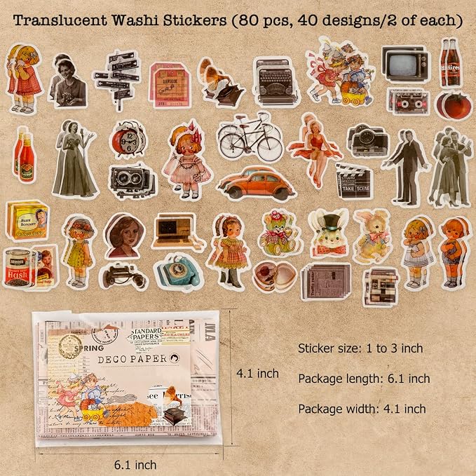 Knaid Vintage Scrapbook Supplies Pack (200 Pieces) for Junk Journal Bullet Journals Planners Aesthetic Paper Stickers Craft Kits Cottagecore Collage Album (Retro)