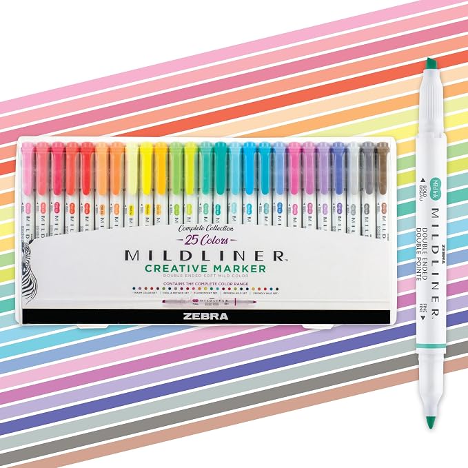 Zebra Pen MILDLINER No Bleed Highlighter, Assorted Colors, Dual Tip, 25-Pk