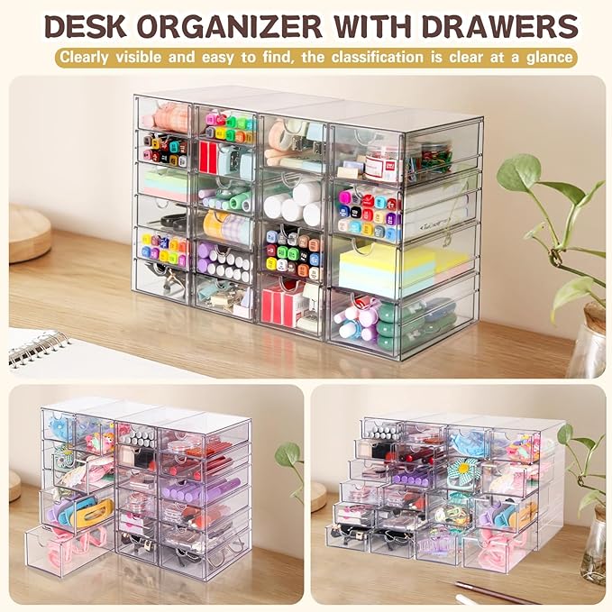 VZKAH Clear Acrylic Desk Organizer with 20 Drawers, 4 Modular Units