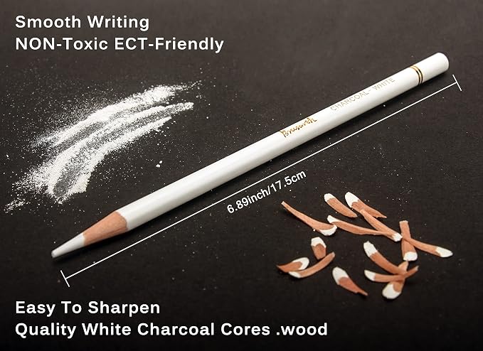 Brusarth White Charcoal Pencils Drawing Set, Professional 6-Piece Sketch, Highlight, Shading, Blending Set for Beginners & Artists
