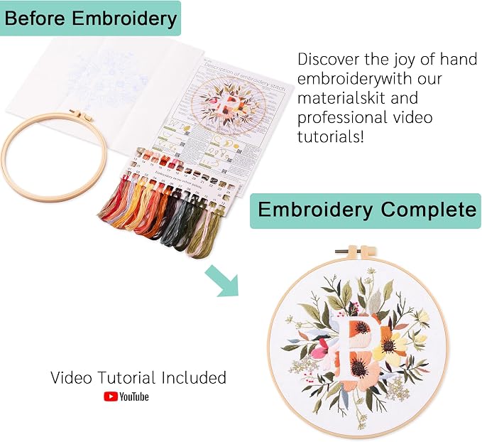 Harimau Letter Pattern P Embroidery Kit for Adult Beginners, Complete Starter Pack with 1 Hoop, Needles, Instruction Guide & Embroidery Stitch Video Tutorials