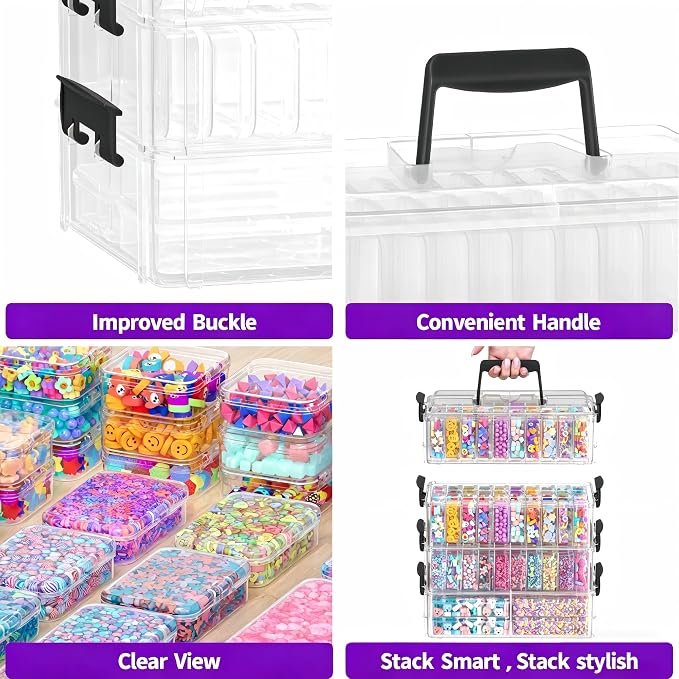 Stackable Bead Storage Organizer, 88 Small Plastic Containers with Lids, 4-Layer Clear Bead Organizer Box, 3 Sizes, Portable, for Jewelry and Crafts