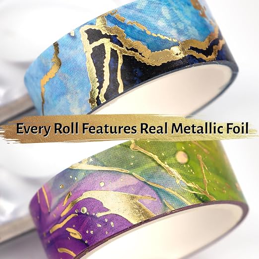 NANYNNU Gold Washi Tape Set - 24 Rolls Metallic Foil Marbling Washi Tape, Decorative Washi Tapes for Junk Journal Supplies, Bullet Journal Supplies, DIY Crafts, Scrapbooking, School Supplies