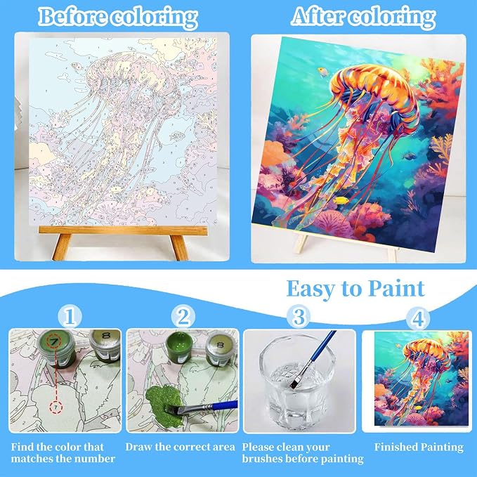 Arttoplus 4 Pack Paint by Numbers Kit for Kids with Frame Sea Animal 8x8in | Sea Animals Kids Paint by Numbers Ages 4-8-12 with Wooden Easel, Easy Oil Painting by Number for Gift Home Wall Decor