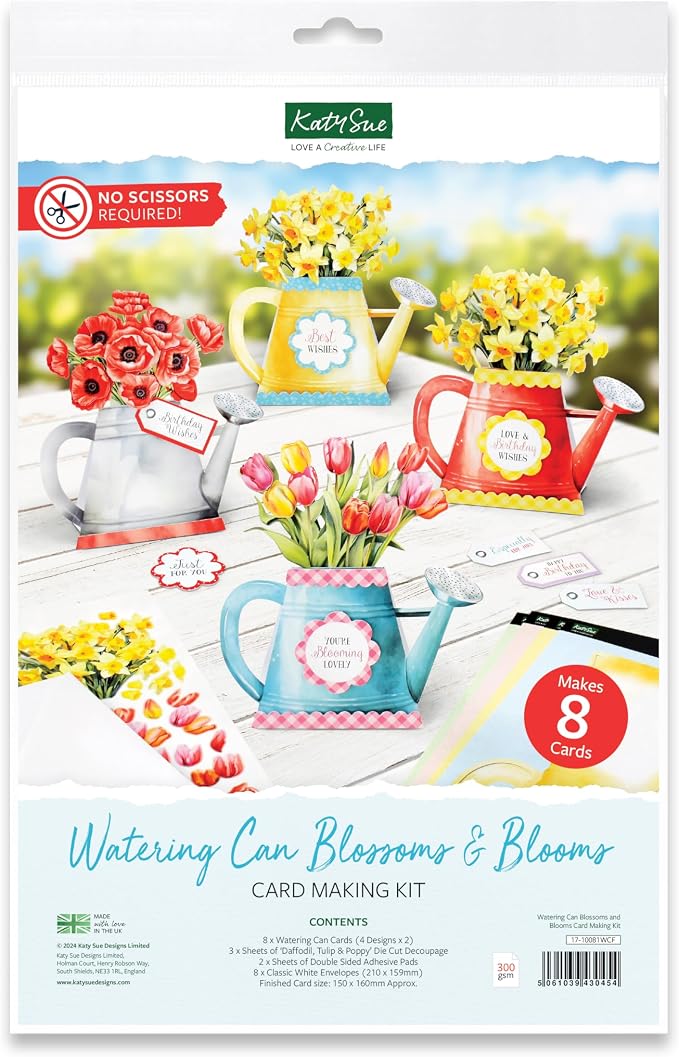 Katy Sue Watering Can Blossoms & Blooms Card Making Kit. 8 Shaped Cards, 3 Sheets of Floral Die Cut Decoupage, 8 Envelopes, Adhesive Foam Pads, & Instructions. For Card Making Supplies & Card Crafting