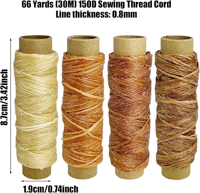 4 PCS Leather Sewing Waxed Thread, Each of 33 Yards 150D Sewing Thread Cord for Leather Craft DIY Supplies, Shoes Repairing, Light Brown, Natural Color, Dark Khaki and Coffee Color