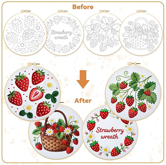 BEUNITONE 4 Set Strawberry Embroidery Kit for Adult Beginners 7.9"x7.9" DIY Stamped Needlepoint Kits with Pre-Printed Designs, Complete Handmade Embroidery Craft for Relaxing Hobby and Home Decor