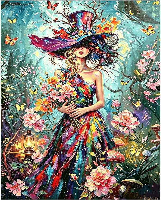 Gemozaic Floral Woman Paint by Numbers Kit for Adults, 16x20 in, Unframed | Elegant Lady Paint by Number on Canvas, Colorful Bouquet Butterfly DIY Acrylic Numbers Painting for Home, Wall Decor, Gift