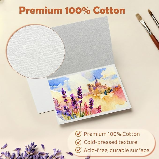 24 Sets Pre-Scored Folded Watercolor Cards with Envelopes & Seals – 4 x 6 Inches (Folded Size) Pure Cotton 300gsm Cold-Pressed Acid-Free Paper for Mother's Day, Wedding, Graduation & Greeting Cards