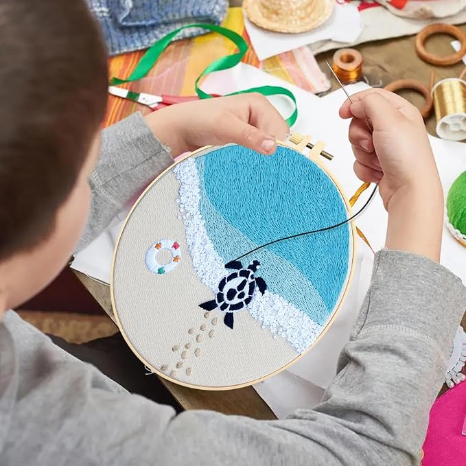 4 Set Ocean Embroidery Kit for Beginners Adults Embroidery Starter Kit Ocean Beach Pattern Spring Summer Hand Crewel Embroidery Kit Cross Stitch Kit Include Instruction 2 Hoops Color Threads Needles