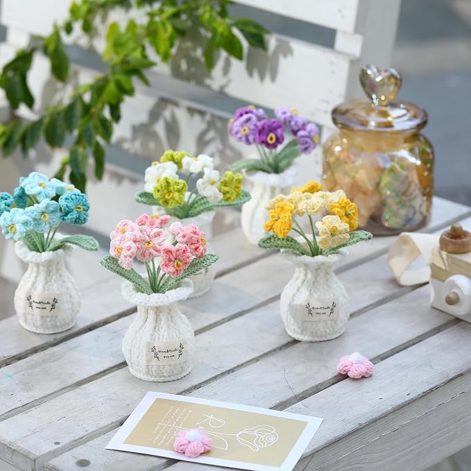 Forget-me-not Crochet Flower Potted Plant Pink - Handmade Desk Decor for Her Girlfriend Wife Mom Friends Sister Graduation Birthday Wedding Anniversary Home Decoration