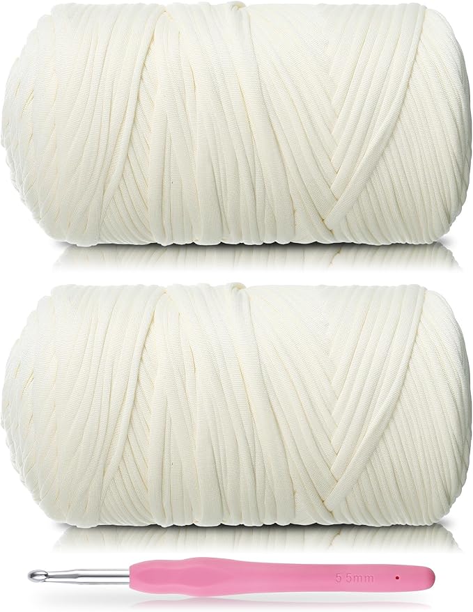 2 Pack T-Shirt Yarn - Together 800g/236 Yards Elastic Fabric Crochet Cloth T-Shirt Yarn, Thick Hand Knitting Yarns for Crocheting Bags/Rugs/Baskets/Craft Project (Modern, Milky White)