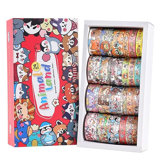 24 Rolls Colorful Cute Cartoon Animal Writable Washi Tape Set, Decorative Tapes for Scrapbooking and Journaling, Junk Journal Supplies, Bullet Journaling for Women Girl 8-15mm Wide 9.84ft Long/Roll