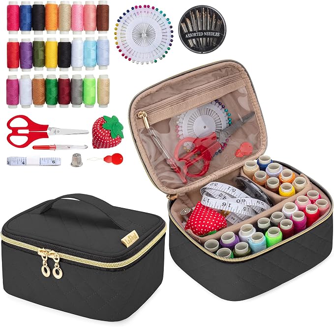 LoDrid Sewing Kit with 24 Color Threads and Sewing Accessories, Black