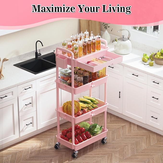SUNALLY 4 Tier Rolling Cart with Drawer, Craft Storage Cart Organizer, Pink
