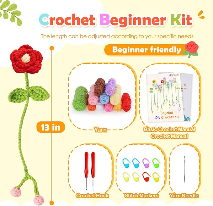 Joyclub Crochet Kit for Beginners 10 Flower Bookmarks for Adults | Flower bookmark with video and written guidance; first projects and handmade gifts for crochet starter book lovers teacher