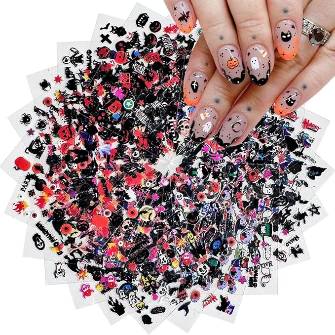 24 Sheets Halloween Nail Stickers Pumpkin Ghost Face Nail Decals 3D Self-Adhesive Nail Supplies Spider Web Cat Bat Nail Art Stickers for Acrylic Nails for Women Kids DIY Manicure Decorations