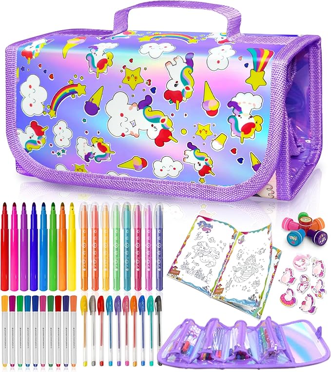 56 PCS Washable Scented Markers Coloring Kits with Glitter Pencil Case