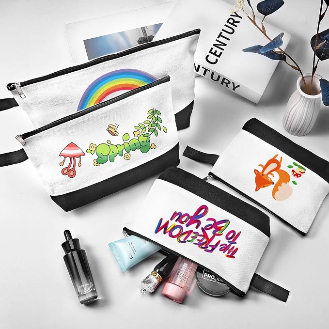 10 Pieces Cotton Canvas Makeup Bag with Bottom and Strap, Multi-Purpose Cosmetic Bag with Zipper Travel Toiletry Pouch, Blank DIY Craft Bag (White&Black, M)