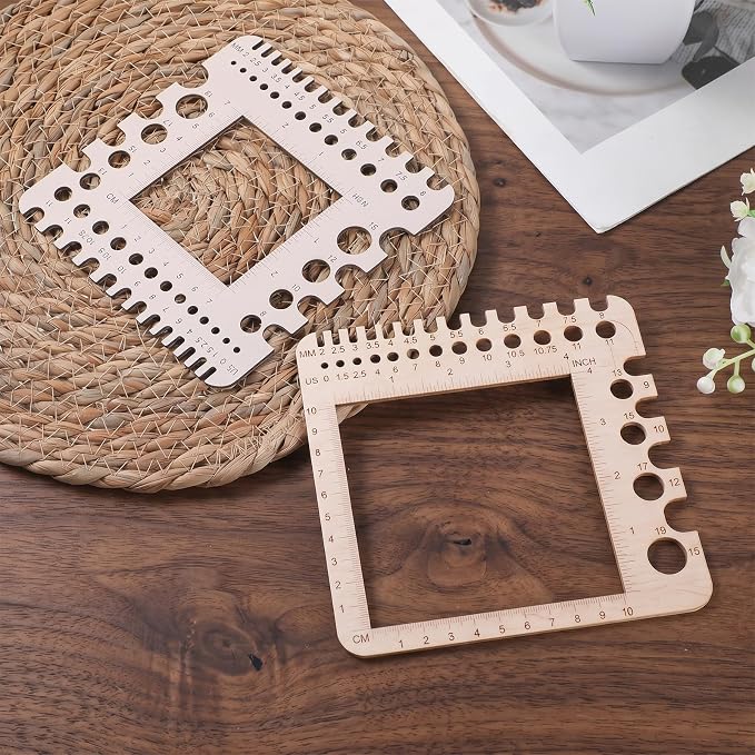PEOVLVN 2 Pcs Crochet Gauge Measuring Tool, Crochet Stitch Counter Wooden Ruler Knitting Needle Gauge with Multi-Size Holes for Crafts Knitting & Crochet Supplies Accessories (Square)
