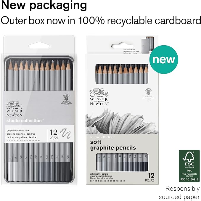 Winsor & Newton Studio Collection, Graphite Pencils, Set of 12 | Soft, Thick Core pencils, Varied Hardness, Soft Smooth Texture, Easy Blending, Stylish Metal Tin Included, High Quality Lead