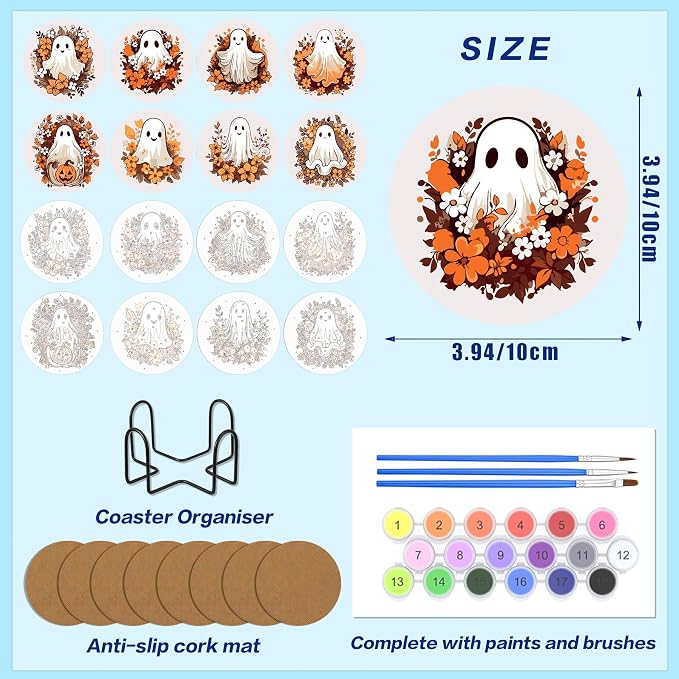8 Pack Halloween Paint by Numbers Kits Coasters with Holder Cork Pads | Autumn Ghost Paint by Number Kits for Adults Simple Round Oil Painting Coaster for Small DIY Craft Holiday Gift 3.9x3.9in
