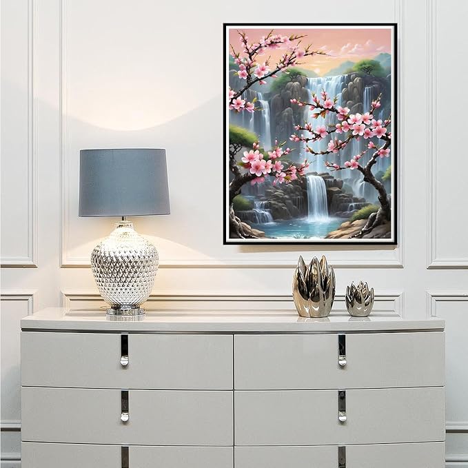 Paint by Numbers with Frame Wooden Easel-Plum Blossom Paint by Number Adult,Waterfall Paint by Numbers Framed Canvas,Adult Paint by Number Kits on Canvas Framed Gifts and Home Wall Decor 12x16inch