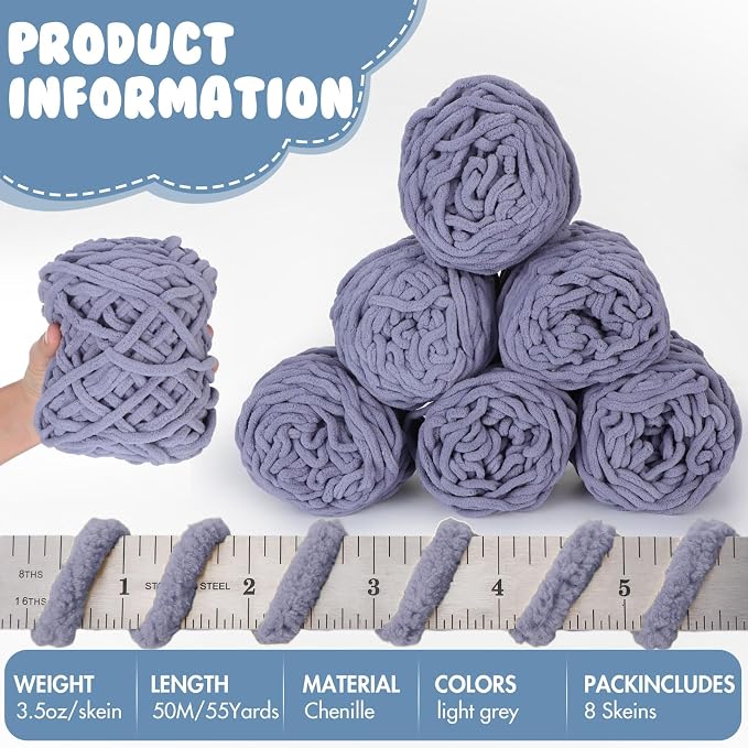 Buryeah 8 Pack Chunky Chenille Yarn for Crocheting, Light Gray