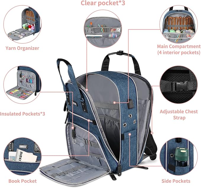 SINVICKO Crochet Bag, Knitting Bag Backpack and Totes Organizer with USB Charging Port, Large Yarn Storage Tote Bag