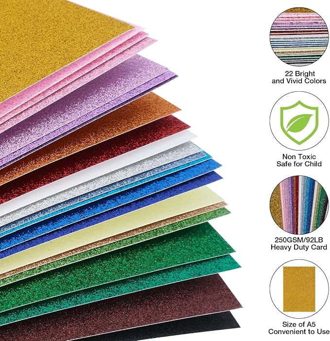 TORC 44 Sheets Glitter Cardstock Paper, 22 Colors A5 Sparkle Paper, 250GSM Heavy Craft Cardstock for Cricut, Die Cutting, Scrapbooking, Card Making, Party Decorations, Invitations, Non-Shedding