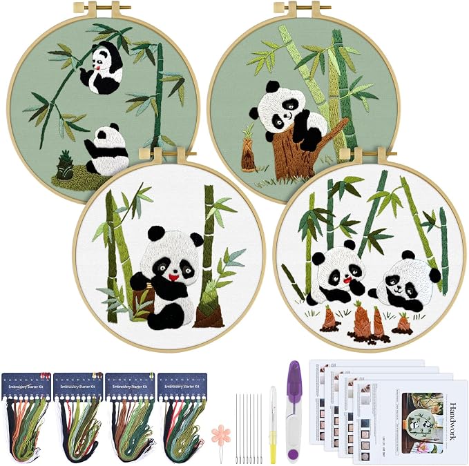 ERKOON 4 Sets Embroidery Kit for Beginners, Animal Cross Stitch Set for Adult Include Embroidery Cloth Hoops Threads for Craft Lover Hand Stitch (Panda)